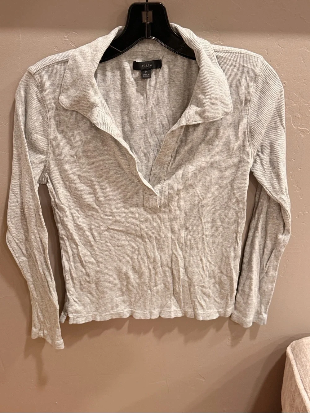 J. Crew Heather Soft Gray Heather Long-Sleeve Ribbed Polo T Shirt #445